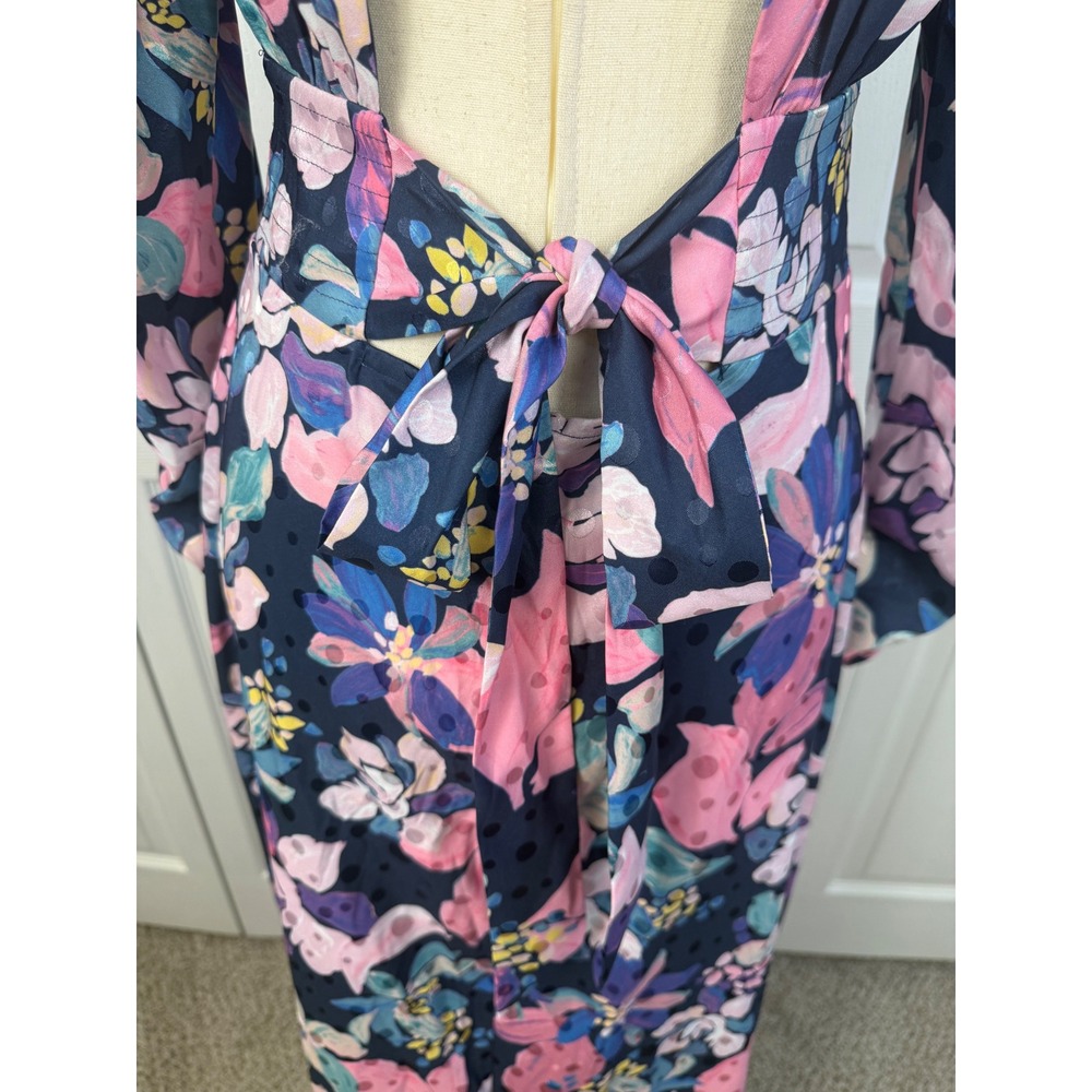 NWT For Love & Lemons Victoria Satin Floral Midi Dress Navy Pink Long Sleeve M - Picture 10 of 13